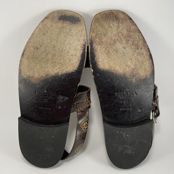 Prada Open Toe Strappy Resort Sandals Mens Size 9.5 Slingback Brown Leather Logo - Picture 7 of 9